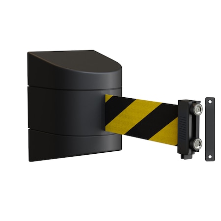 Montour Line Retractable Belt Barrier, Wall Mount, Black Magnetic 10 ft. Black/Yellow Belt WMX140-BK-BYD-M-M-100